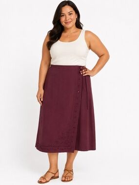 Kate Hill Casual Woman Silk Linen Wrap Skirt Burgundy Embroidered Size 1X